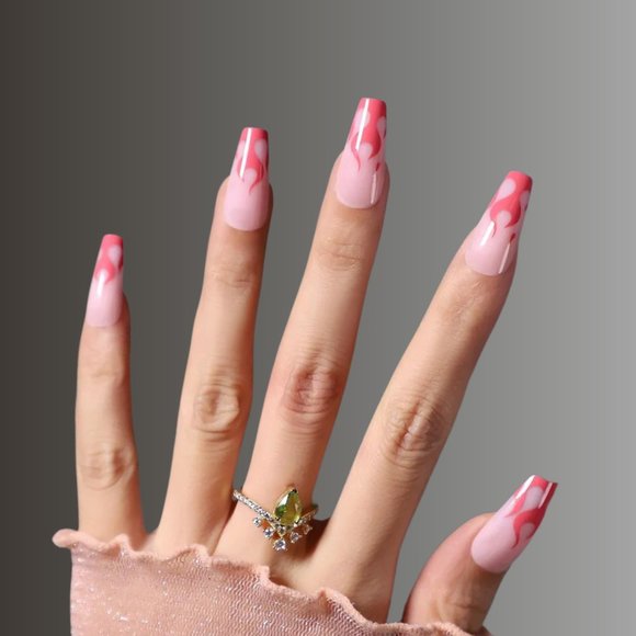 24 pcs Pink Flame Coffin Press On Nails | Press On Nails | Fake Nails | Glue On - Picture 1 of 7